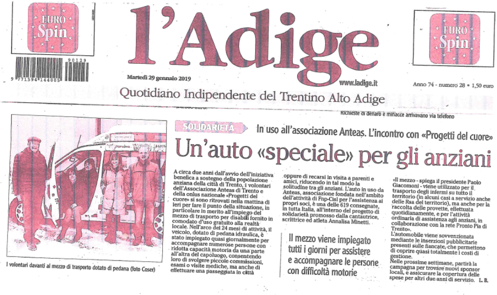 Trasporto sociale Anteas in Trentino. Un articolo del quotidiano 
